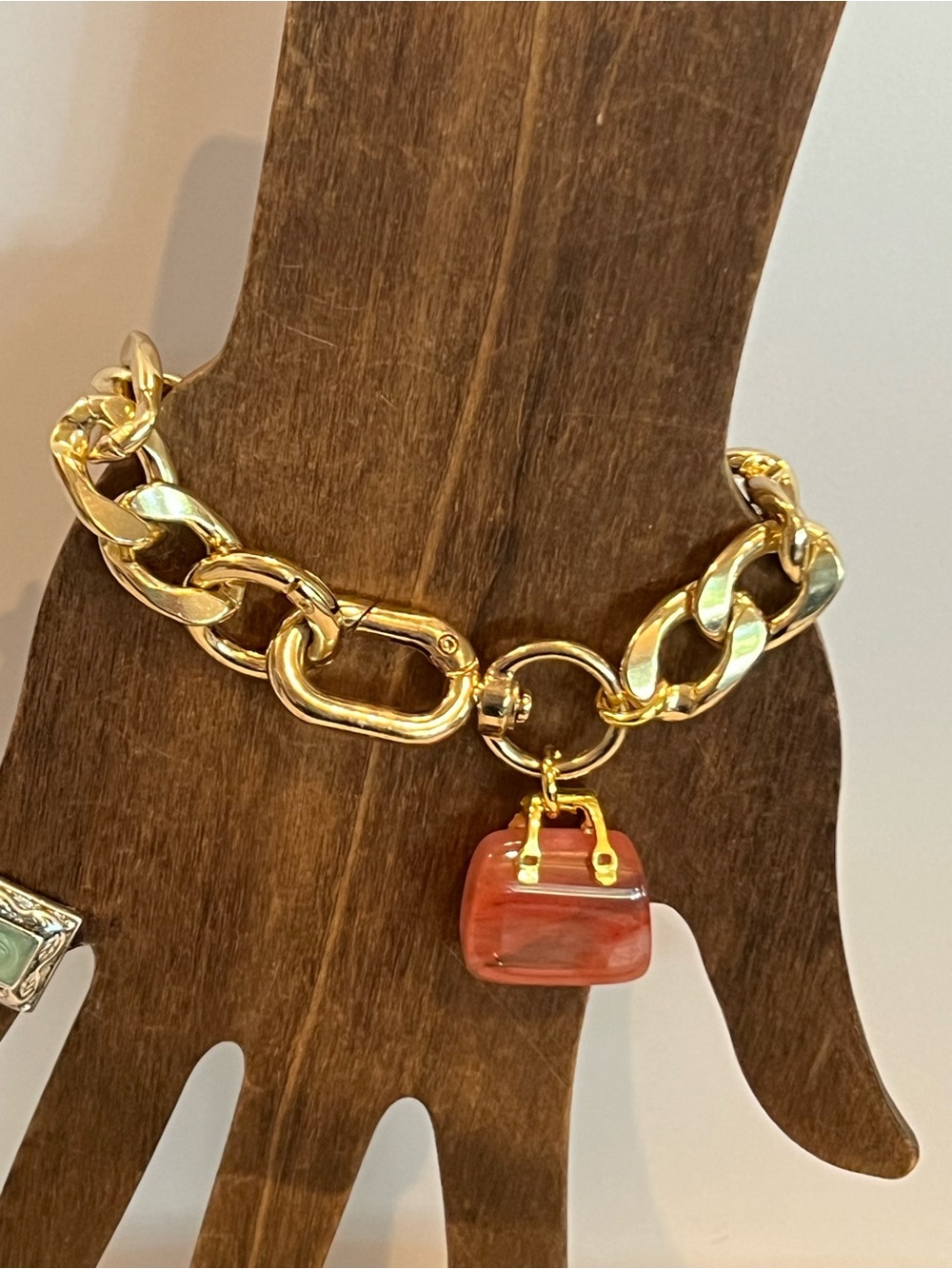 Chunky Chain Bracelet with Strawberry Quartz Purse Charm